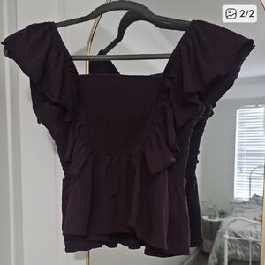 American Eagle Outfitters Ruffle Shoulder Smocked Peplum Top - Plum
